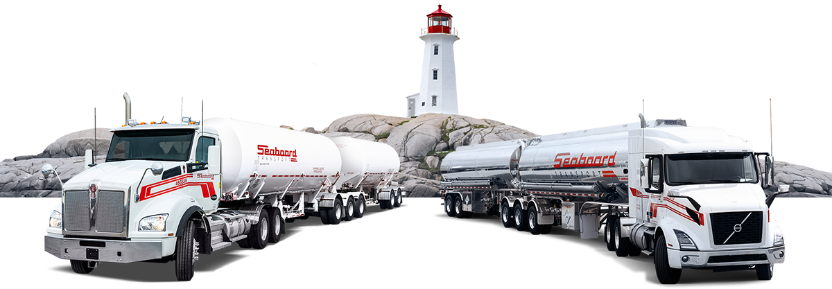 Two Seaboard Transport double tanker trucks in front of East Coast Canada lighthouse